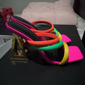 Fashion Nova Multicolor Strappy Sandals with Gold Heel